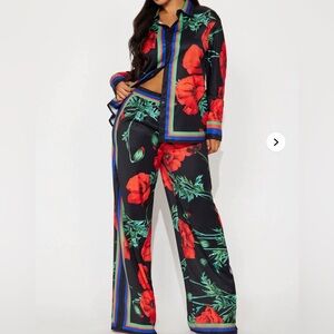 Fashion Nova Show Out Floral Satin Pant Set – Black/Combo